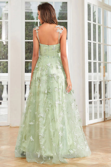 Green A Line Tulle Corset Prom Dress with 3D Butterflies